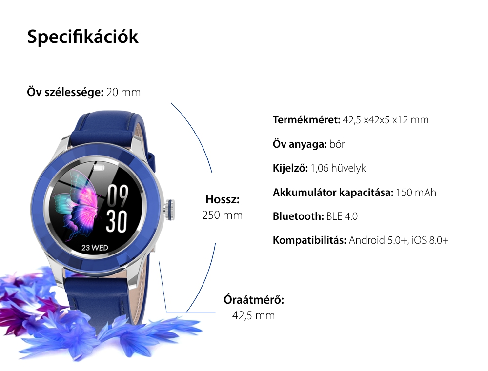 Női Okosóra TKY-S09, Sport módok, Alvásminőség-figyelés, Pulzusszám, Vérnyomás, Légzés, Vér oxigén, Kék