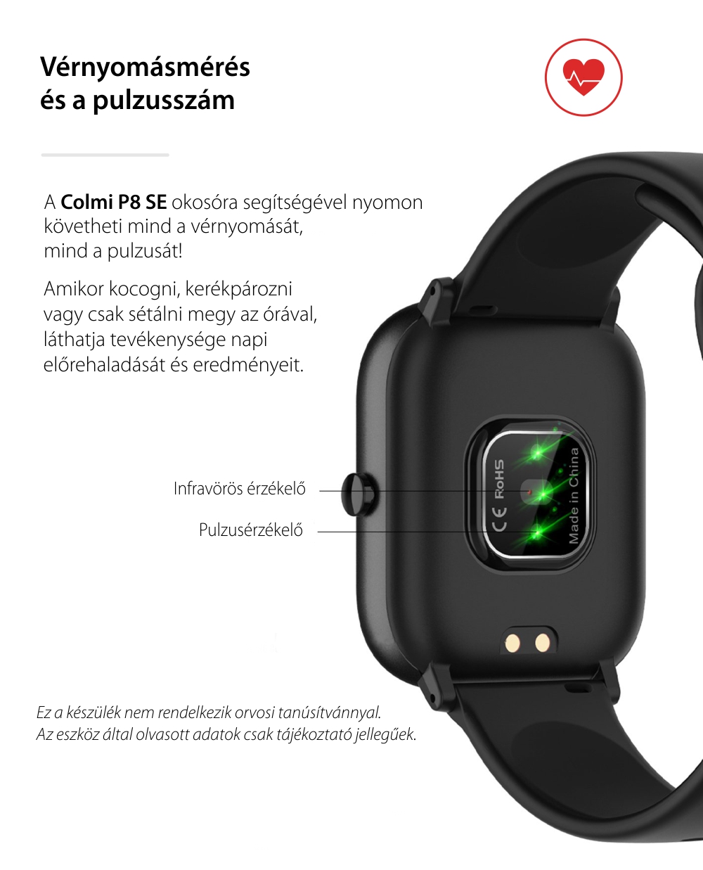 Okosóra P8 SE, Pulzusmérő, Sportmódok, Lépésszámláló, Értesítések, Stopper, Zseblámpa