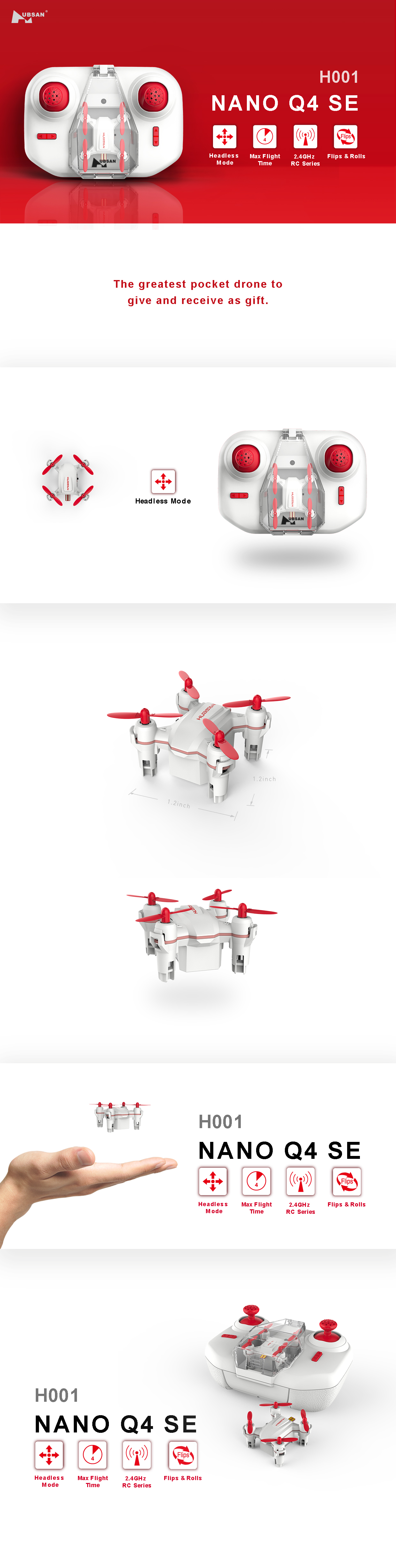 Hubsan H001 Drón, Repülési idő 3 perc, 360 Flips & Rolls, 80 mAh-s akkumulátor, 25 m távolsági repülés