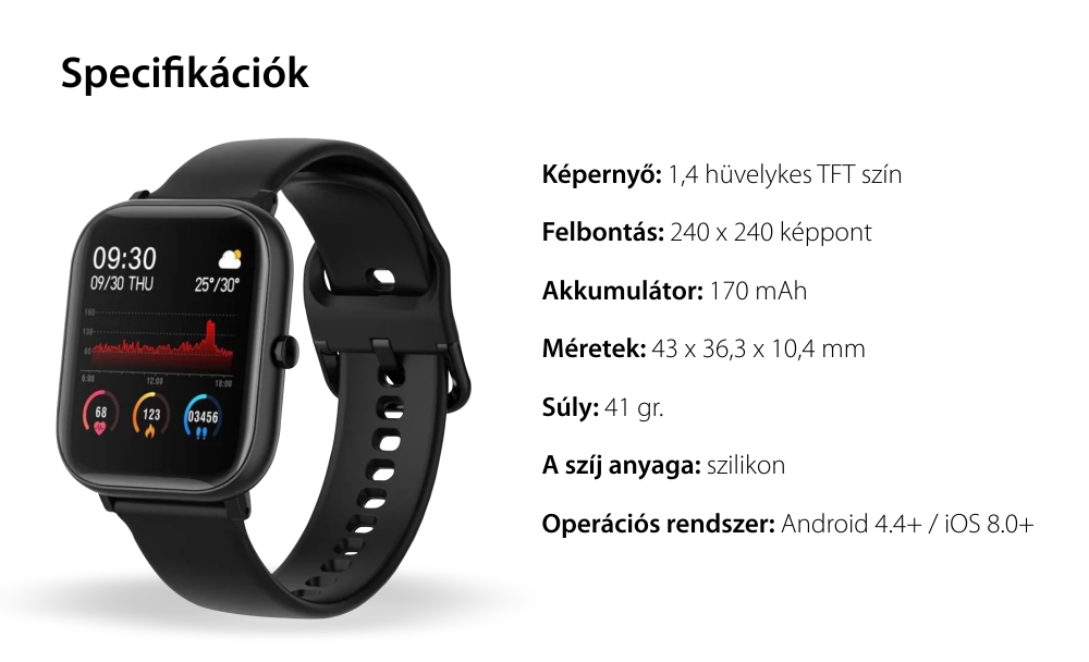 Okosóra P8 SE, Pulzusmérő, Sportmódok, Lépésszámláló, Értesítések, Stopper, Zseblámpa