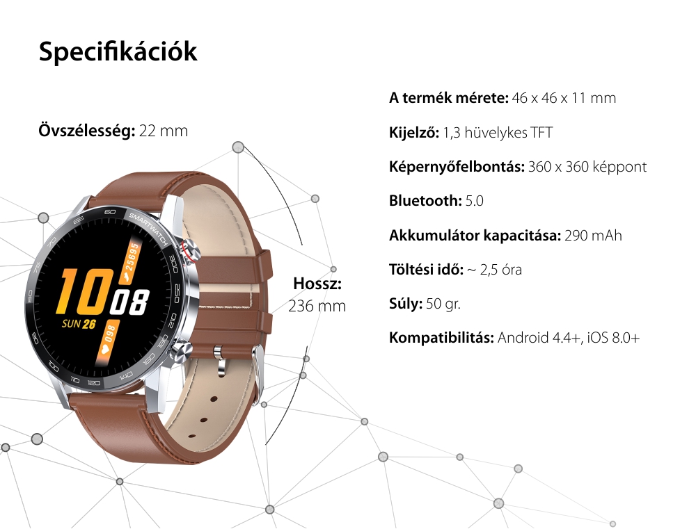 Okosóra TKY-L16, Egészségmegfigyelő funkciók, Sportmódok, Lépésszámláló, Kalória, Stopper, értesítések, Fém karkötő, Ezüst