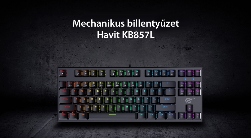 Havit KB857L Gamer Mechanikus Billentyűzet, USB csatlakozás, 1,5 m kábel, RGB világítás