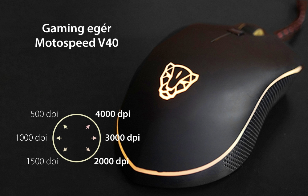 Motospeed V40 Gaming Egér, 4000 DPI érzékenység, USB csatlakozás, LED világítás