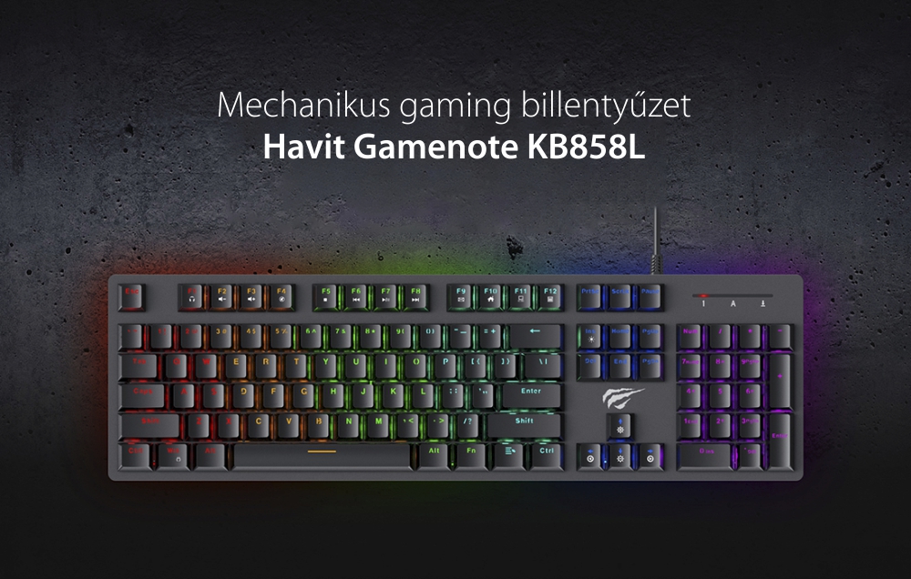 Havit Gamenote KB858L Gaming Billentyűzet, RGB világítás, USB csatlakozás, Kábelhossz 1,65 m