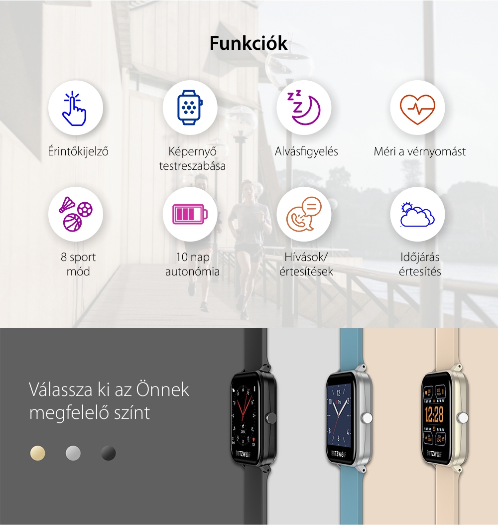 Okosóra BlitzWolf BW-GTC, Egészségügyi monitor, 8 sportmód, Lépésszámláló, Értesítések, Stopper, Riasztás, Fekete
