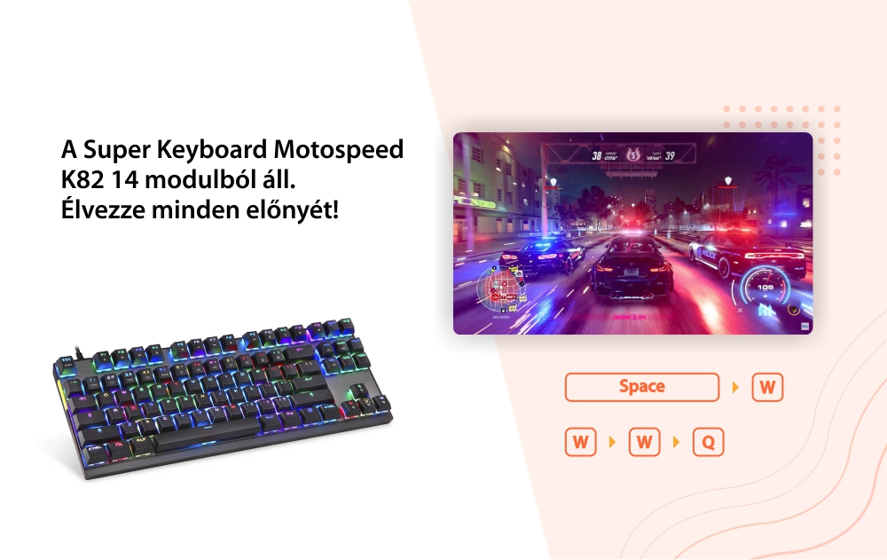 Motospeed K82 Gaming Billentyűzet, Mechanikus, USB csatlakozás, RGB világítás, Válaszidő 0,1 ms, Blue Switch