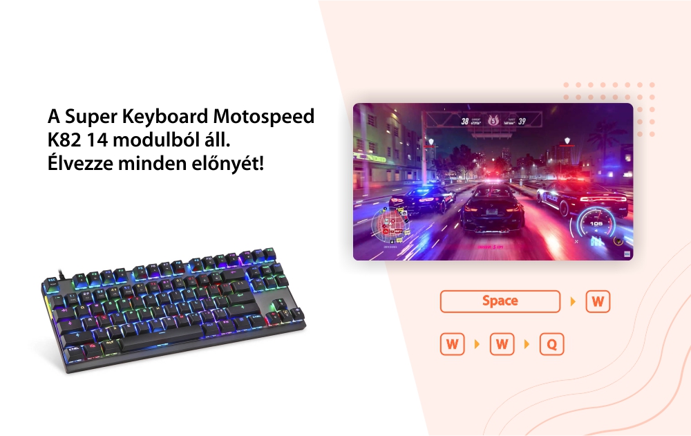 Motospeed K82 Gaming Billentyűzet, Mechanikus, USB csatlakozás, RGB világítás, Válaszidő 0,1 ms, Red Switch