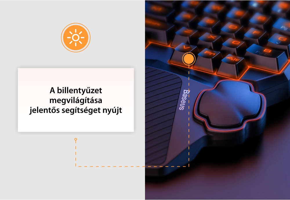 Baseus GAMO Gamer Billentyűzet, USB -csatlakozás, LED -világítás, Ergonomikus