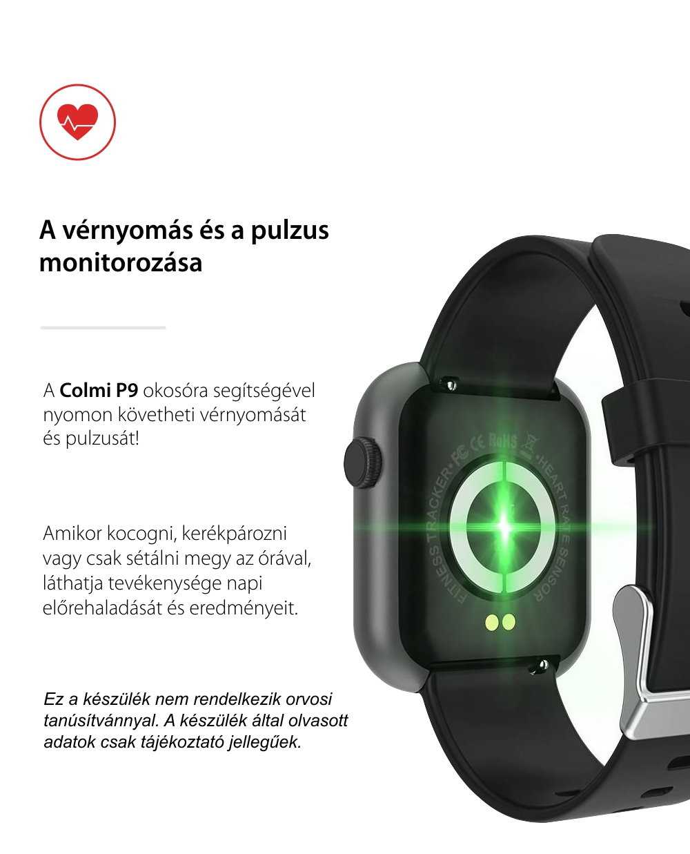 Okosóra Colmi P9 Sport módok, Egészségfigyelő, Időjárás, Stopper, Riasztás, Számológép, Fekete