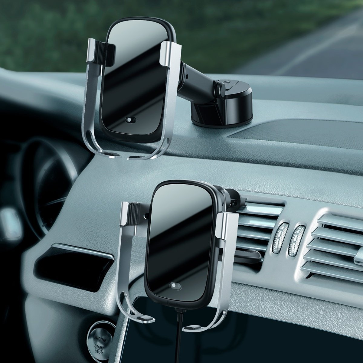 Baseus Rock Solid autós mobil telefon tartó, 10 W-os vezeték nélküli töltővel, Ezüst