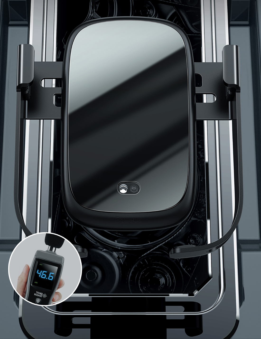 Baseus Rock Solid autós mobil telefon tartó, 10 W-os vezeték nélküli töltővel, Ezüst
