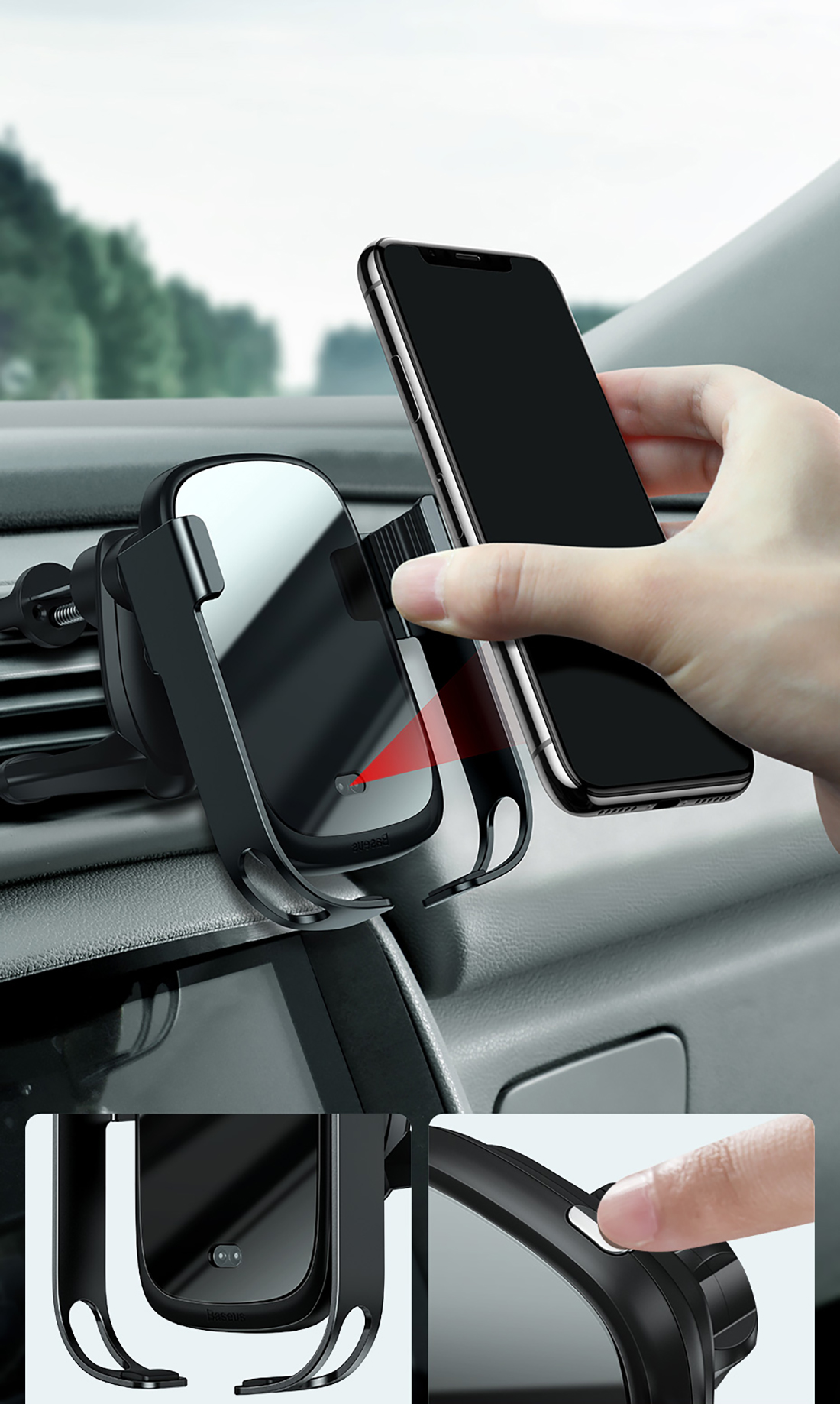 Baseus Rock Solid autós mobil telefon tartó, 10 W-os vezeték nélküli töltővel, Ezüst