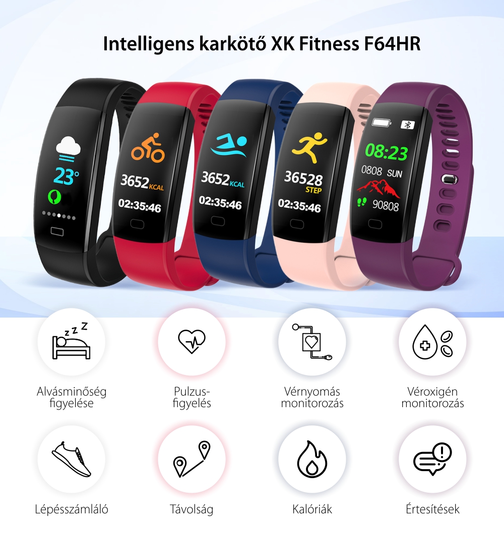 XK Fitness F64HR Intelligens Fitnesz Karkötő, Egészségfigyelő funkciókkal, Távolság, Kalória, Lépések, Időjárási információk, Lila