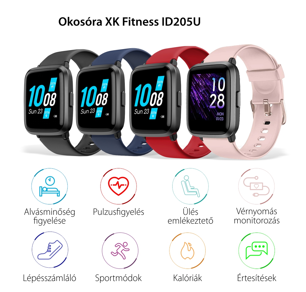 Okosóra XK Fitness ID205U Egészségfigyelő funkciókkal, Lépésszámláló, Sport módok, Mozgásszegénység, Kalória, Rózsaszín