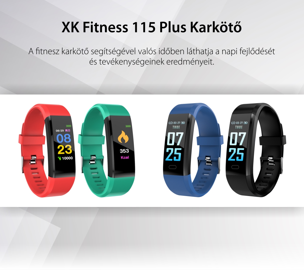XK Fitness 115 Plus Intelligens Fitnesz Karkötő, Egészségmegőrző funkciókkal, Ülés emlékeztető, Kalória, Lépésszámláló, Hívás/SMS értesítések, Piros