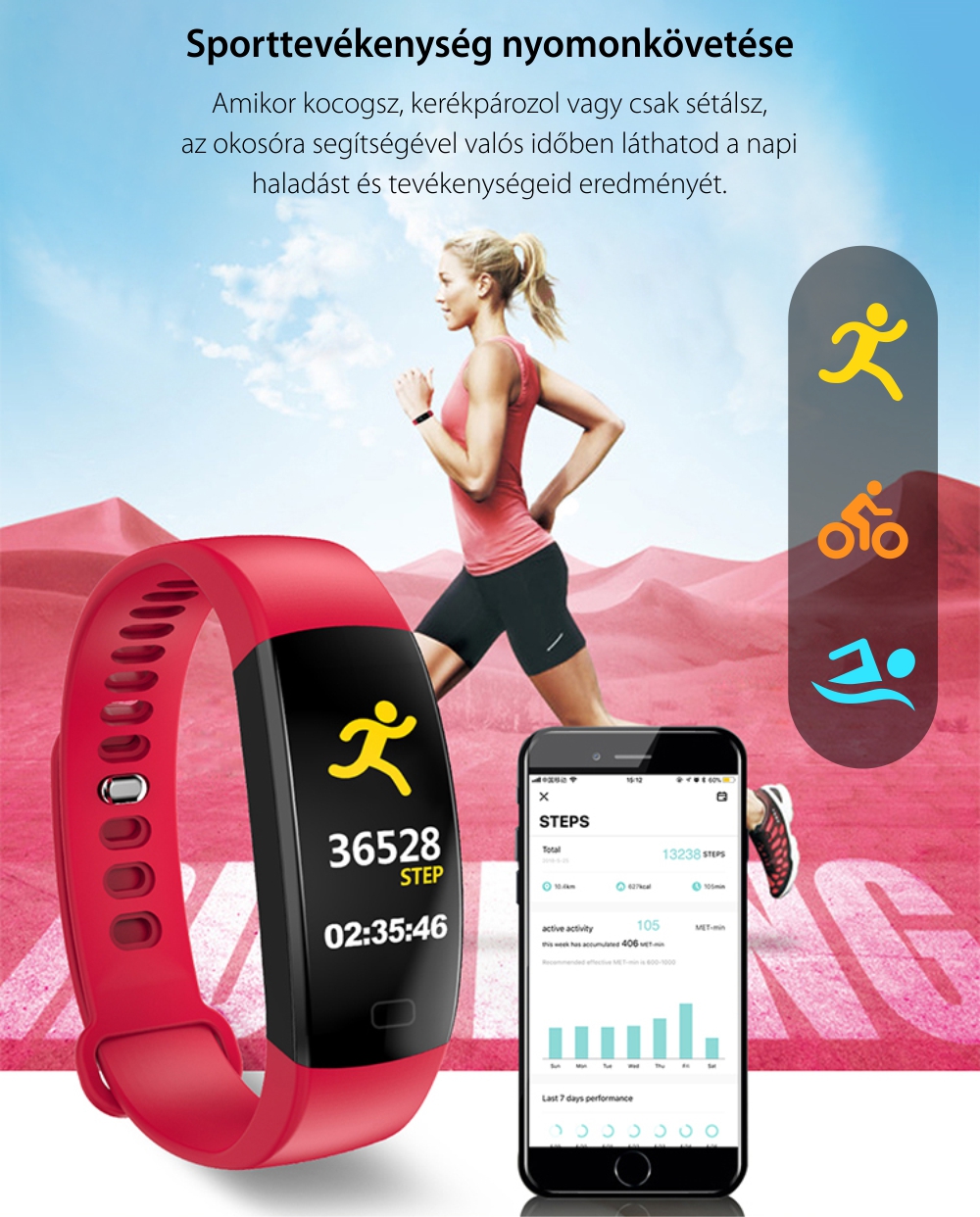 XK Fitness F64HR Intelligens Fitnesz Karkötő, Egészségfigyelő funkciókkal, Távolság, Kalória, Lépések, Időjárási információk, Piros