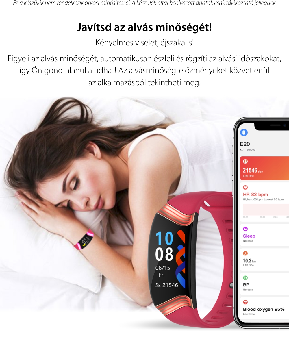 XK Fitness E20 Intelligens Fitnesz Karkötő, Egészségfigyelő funkciók, Lépésszámláló, Elégetett kalória, Ülés emlékeztető, Előzmények, Emlékeztető, Fekete