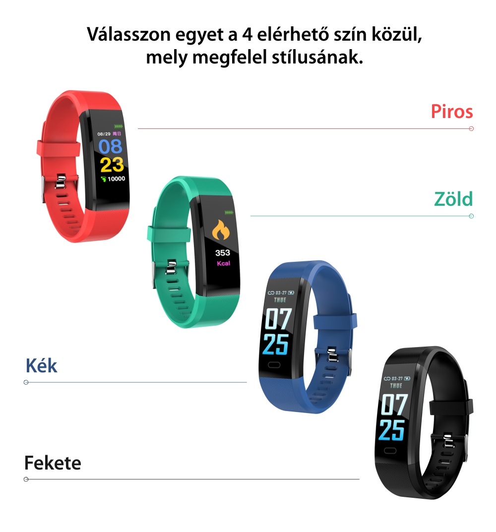 XK Fitness 115 Plus Intelligens Fitnesz Karkötő, Egészségmegőrző funkciókkal, Ülés emlékeztető, Kalória, Lépésszámláló, Hívás/SMS értesítések, Fekete