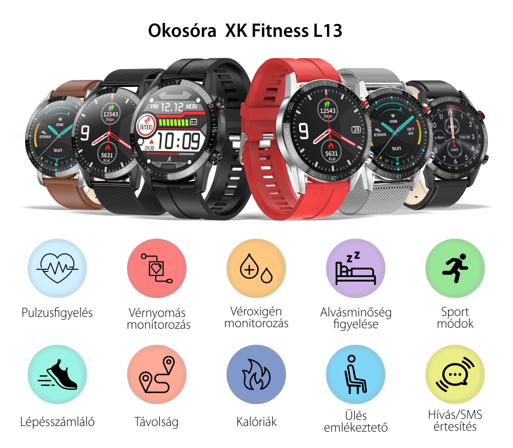 Okosóra XK Fitness L13 Sportmódokkal, Véroxigénszintfigyelés, Pulzusszám, Bőr, Barna