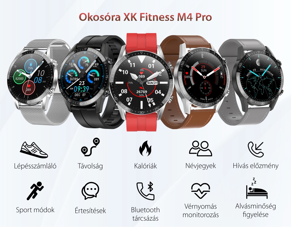 Okosóra XK Fitness M4 Pro 1,32″ IPS kijelzővel, Kalória, Pulzus, Fém, Ezüst