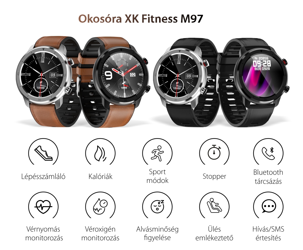 Okosóra XK Fitness M97 1,28″ kijelzővel, Egészségügyi funkciók, Edzés, Bőr, Barna-Fekete