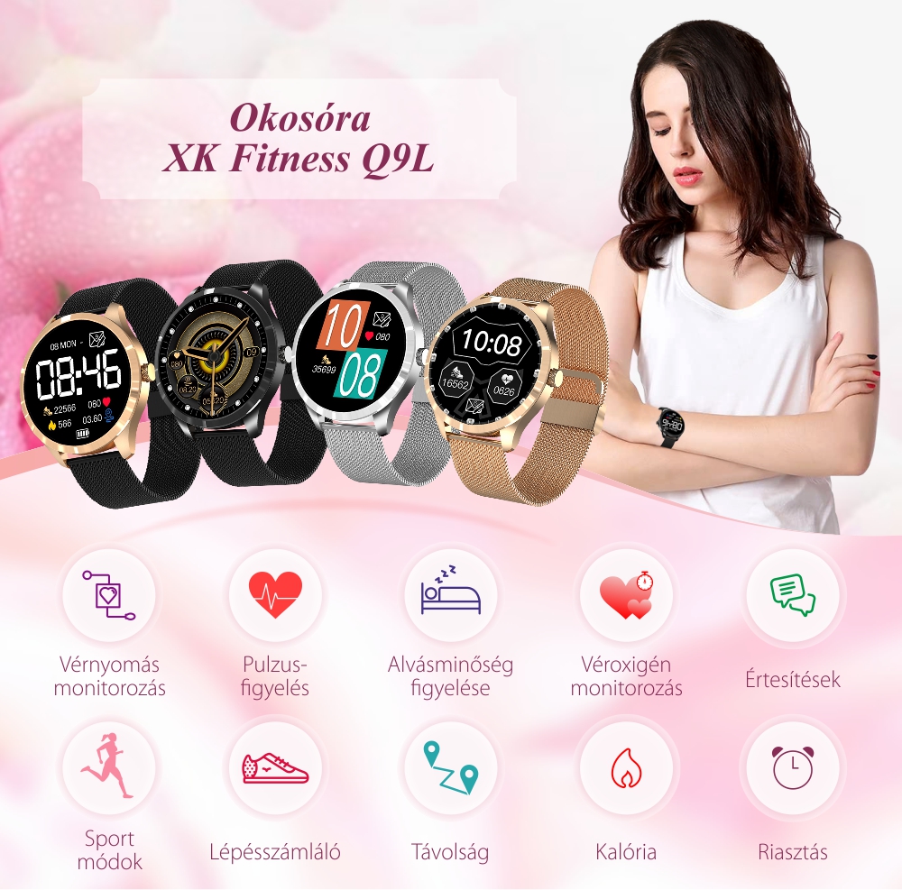 Női Okosóra XK Fitness Q9L 1,28 hüvelykes kijelzővel, Oxigénszint, Pulzus, Ezüst