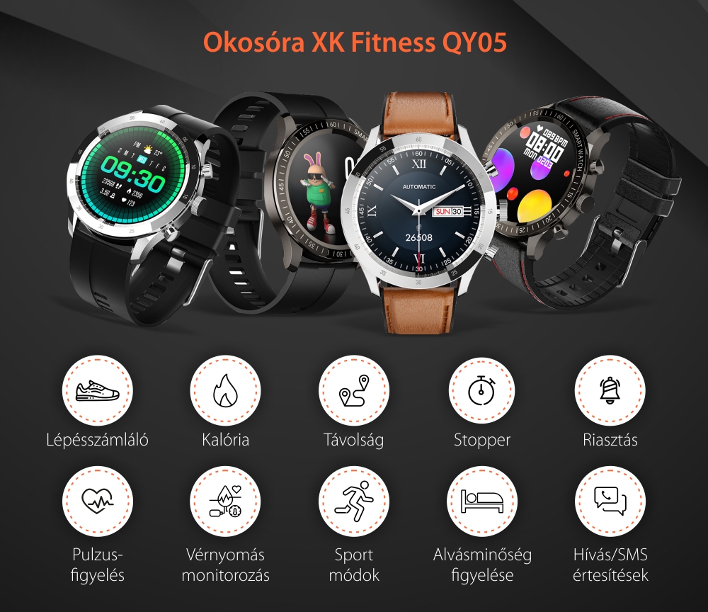 Okosóra XK Fitness QY05 Egészségügyi funkciókkal, Edzés, Kalória, Szilikon, Fekete