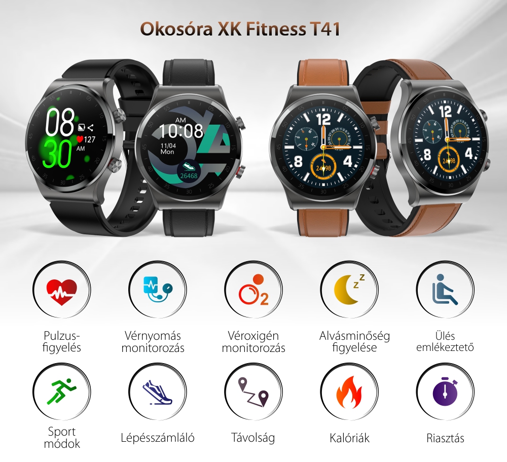 Okosóra XK Fitness T41 okosóra 1,3 hüvelykes HD kijelzővel, Pulzusfigyelő, Véroxigénszint figyelő, Bőr, Fekete