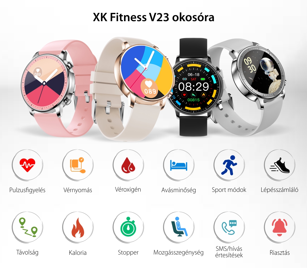Okosóra XK Fitness V23 1,3 hüvelykes kijelzővel, Egészségfigyelő, Kalória, Lépés funkciókkal, Fekete