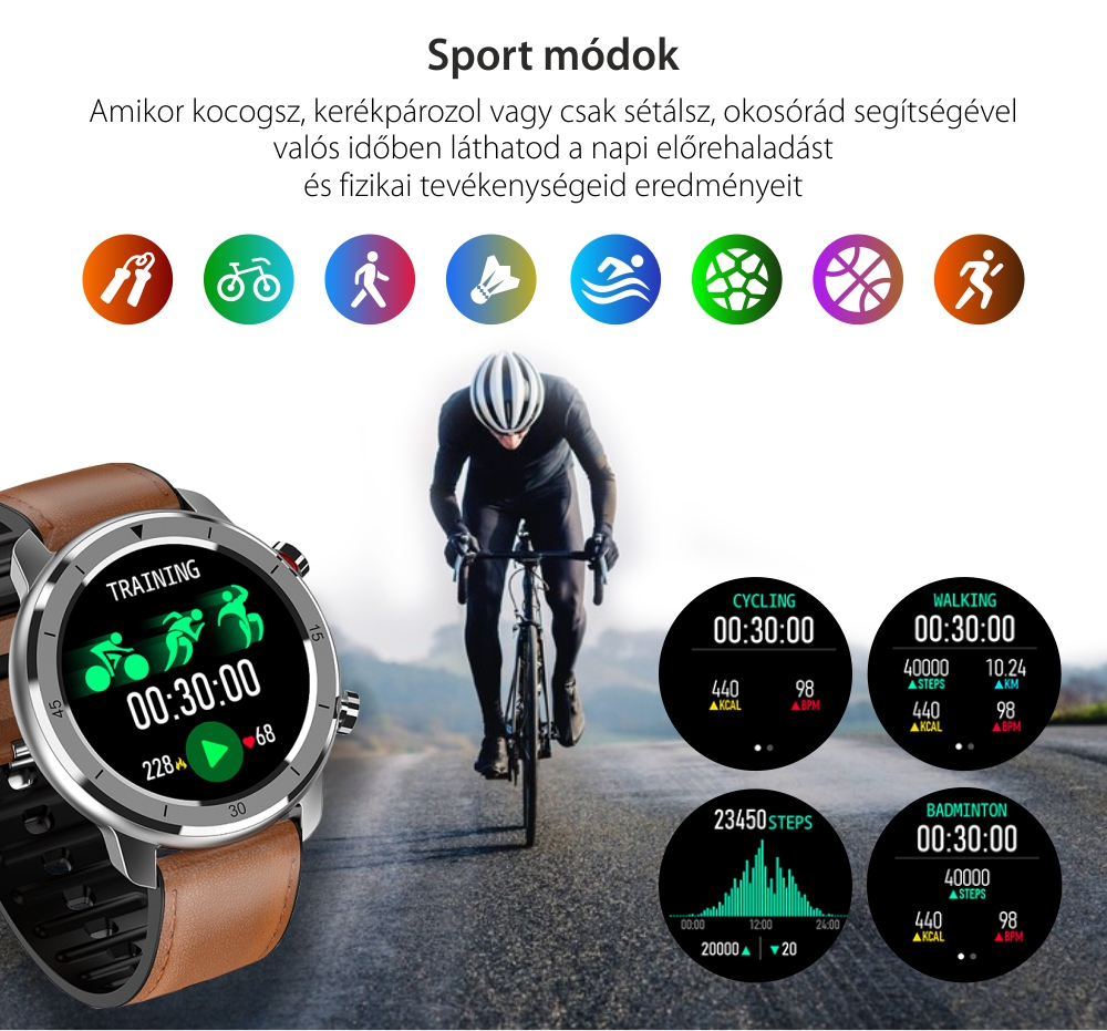 Okosóra XK Fitness M97 1,28″ kijelzővel, Egészségügyi funkciók, Edzés, Szilikon, Fekete