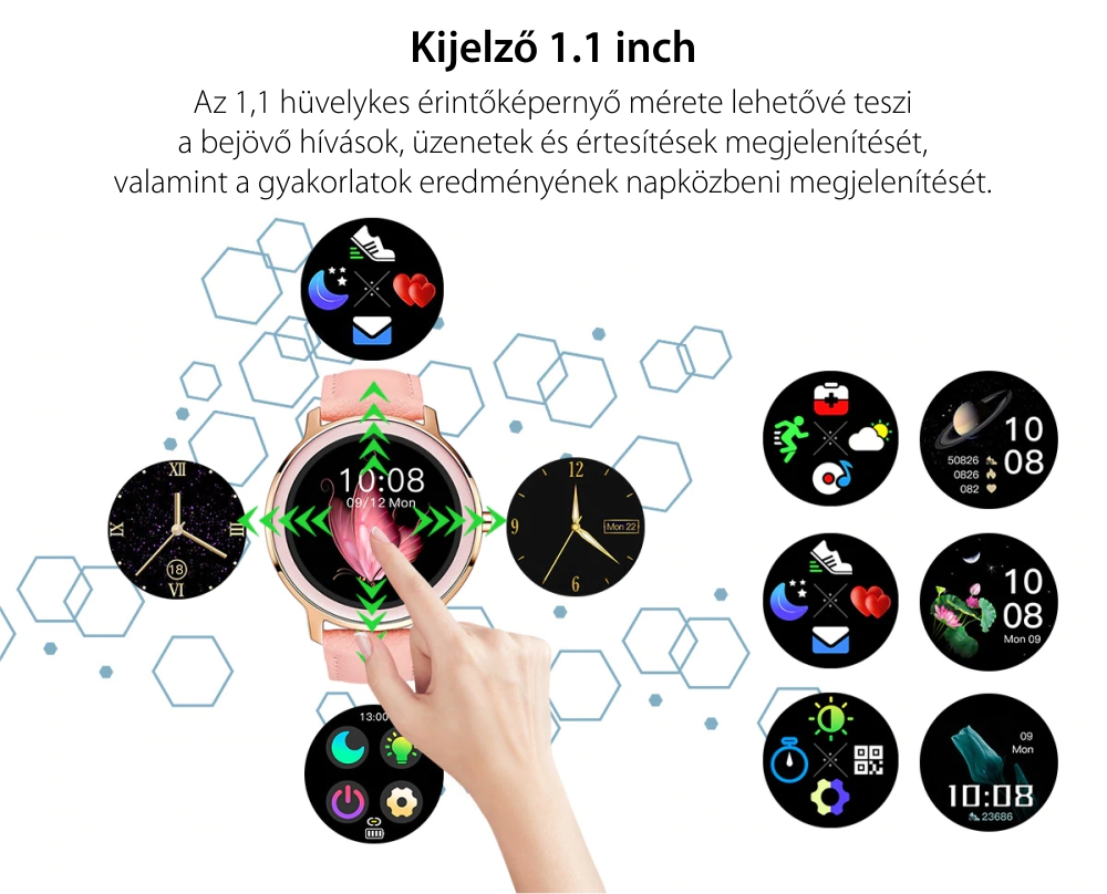 Okosóra XK Fitness R18 1,10 hüvelykes IPS kijelzővel, Egészségügyi funkciók, Értesítések, Fekete