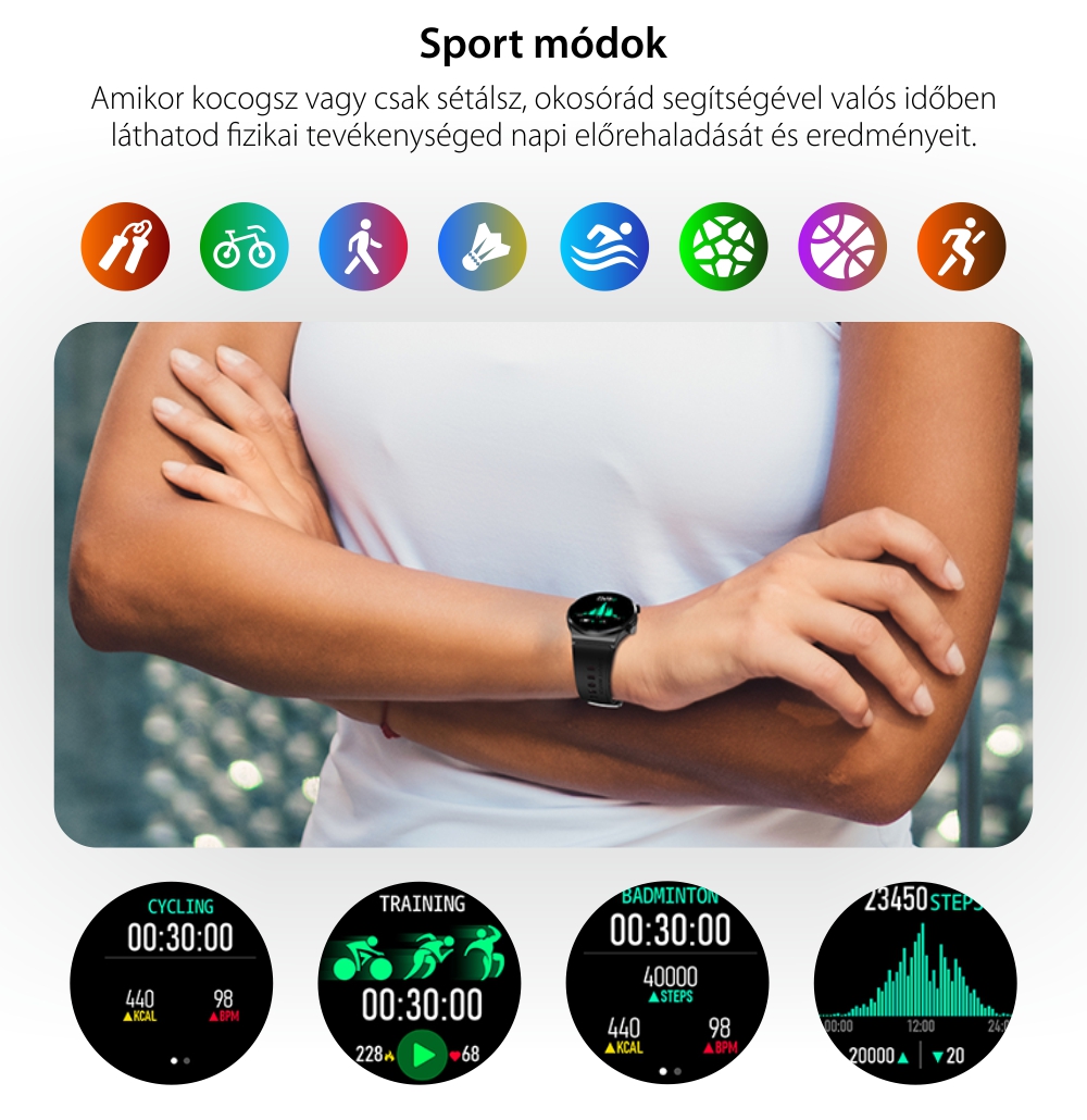 Okosóra XK Fitness M99 1,28″ IPS kijelzővel, Pulzus, Vérnyomás, Bőr, Fekete