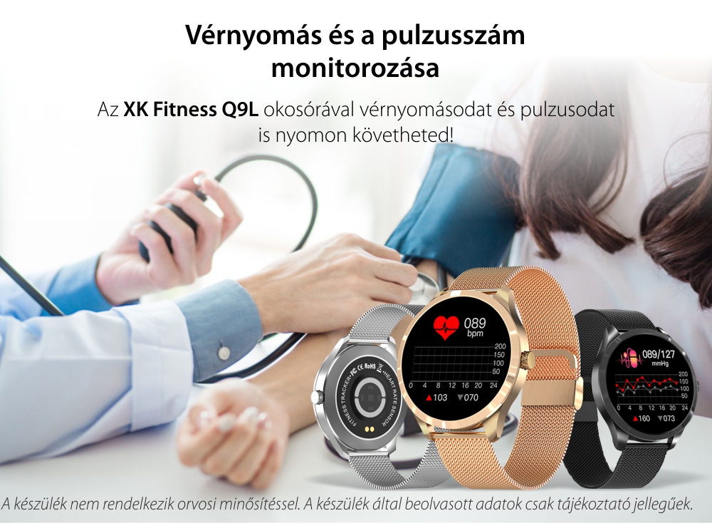 Okosóra XK Fitness Q9L 1,28 hüvelykes kijelzővel, Oxigénszint, Pulzus, Fekete