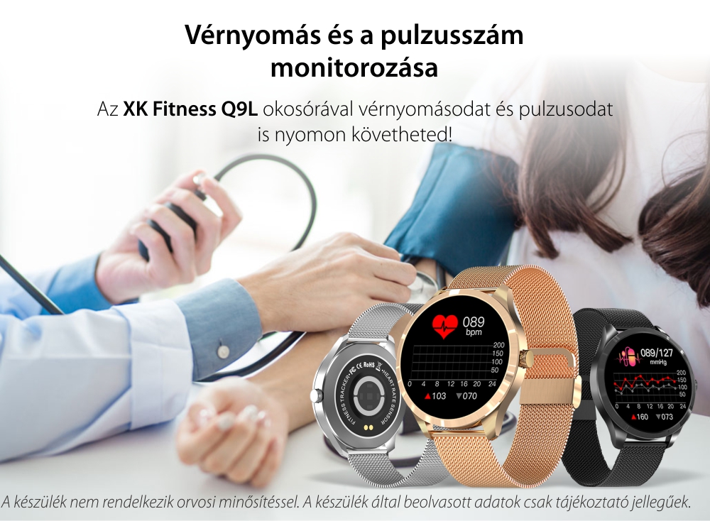 Női Okosóra XK Fitness Q9L 1,28 hüvelykes kijelzővel, Oxigénszint, Pulzus, Ezüst