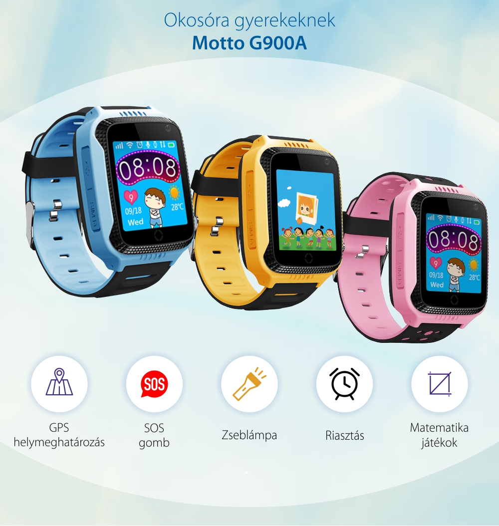 Okosóra gyerekeknek Motto G900A GPS helymeghatározással, Telefon funkcióval, Távfelügyelettel, Rózsaszín