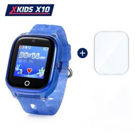 Promóciós csomag Gyerekóra + Üvegvédő fólia  Xkids X10 telefon funkcióval, GPS helymeghatározás, Hívásfigyelés, Kamera, Lépésszámláló, SOS, IP54, Kék