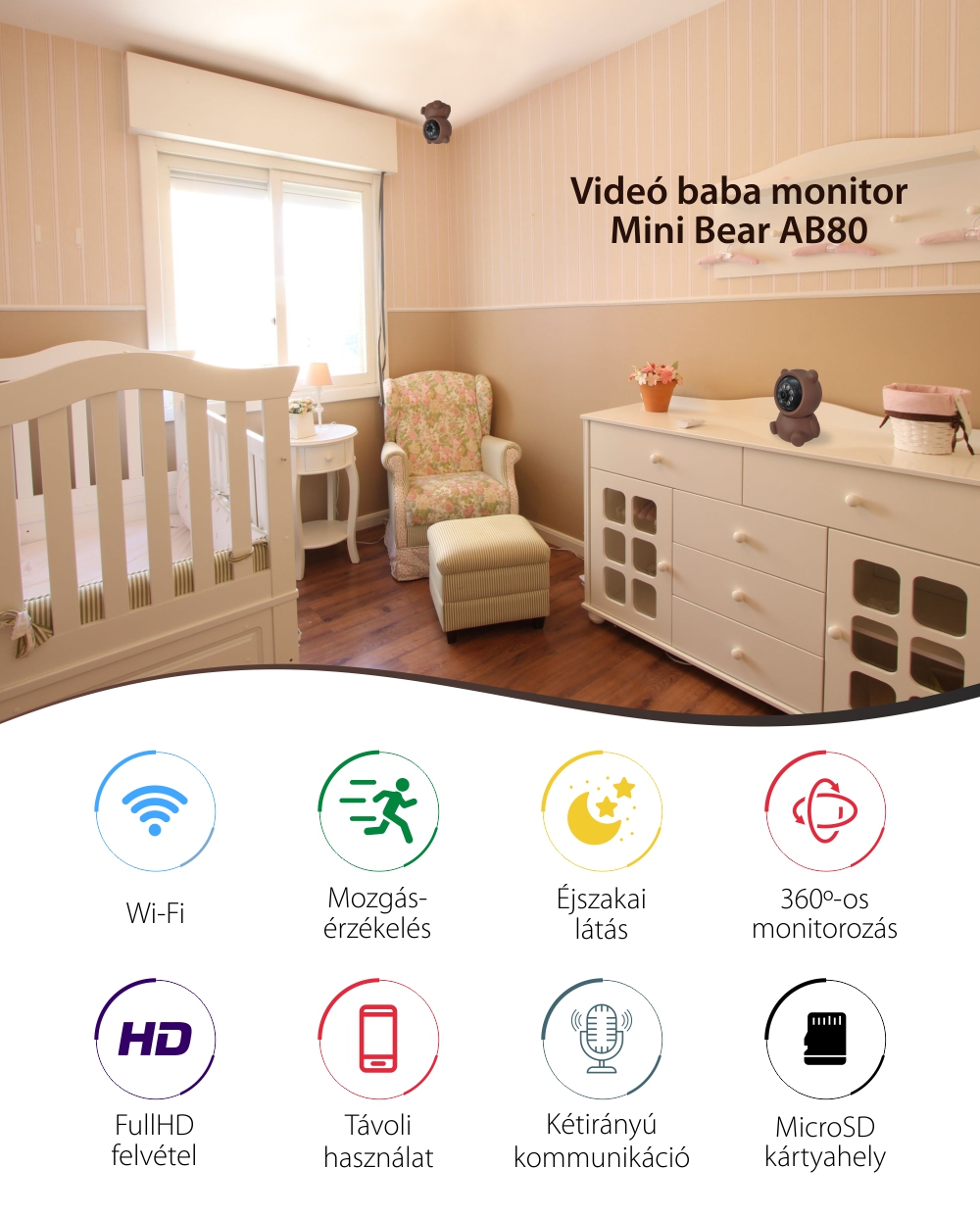Bébiőr Video AB80 Wi-Fi-vel, Mozgásérzékelés, Éjszakai látás, Full HD felvétel, 360 fokos monitorozás, MicroSD foglalat, Rózsaszín