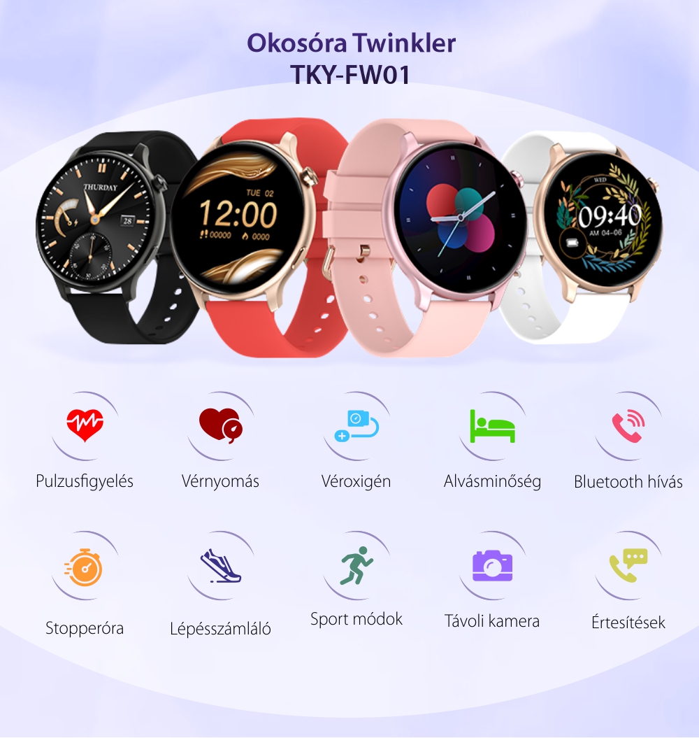 Okosóra Twinkler TKY-FW01, Sport mód, Pulzus, Vérnyomás, Kalória, Bluetooth, Lépésszámláló, Szilikon karkötő, Fekete