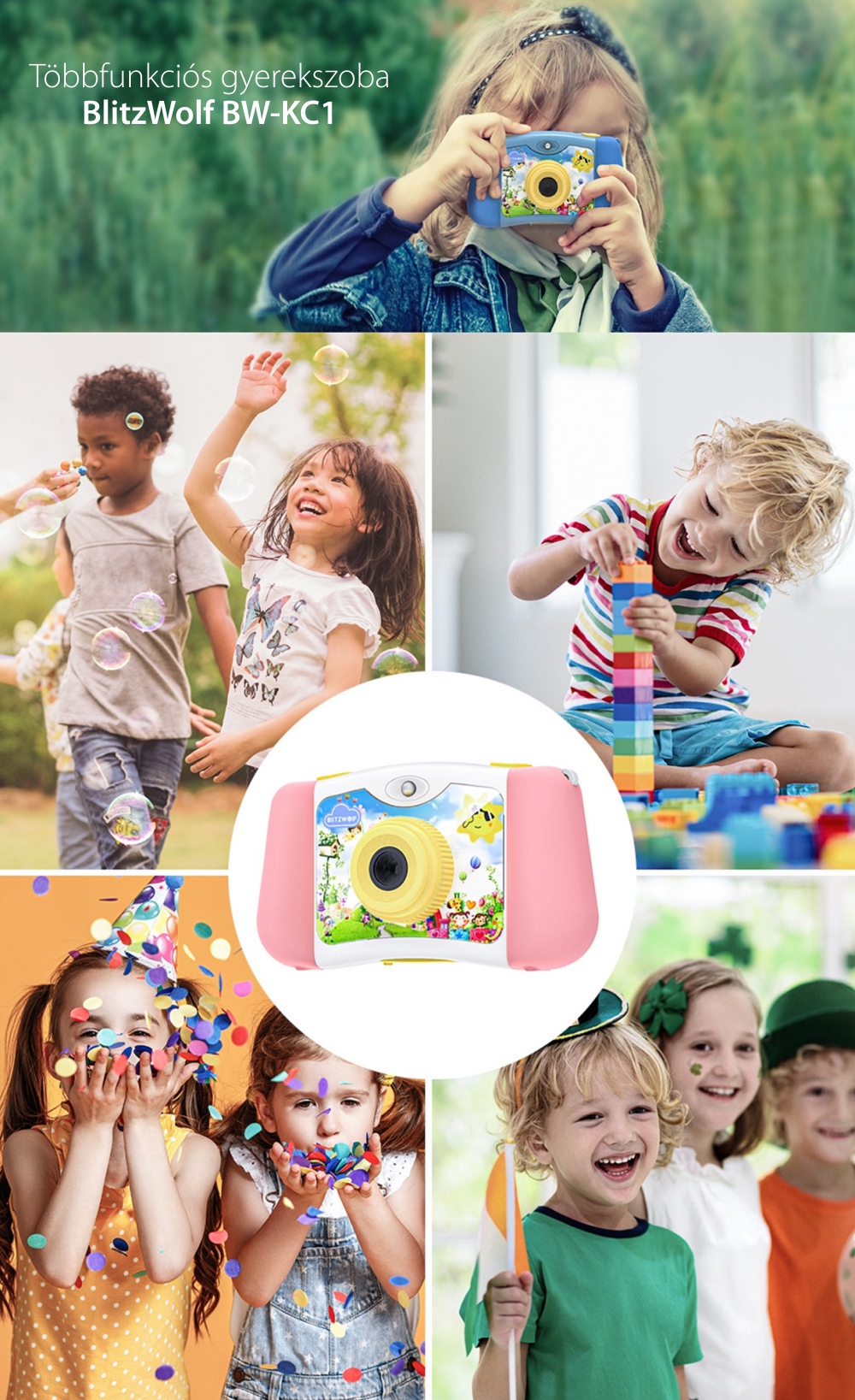 Kamera Gyerekeknek BlitzWolf BW-KC1 Többfunkciós, Játékkonzol, 16 GB, 1000 mAh, Rózsaszín