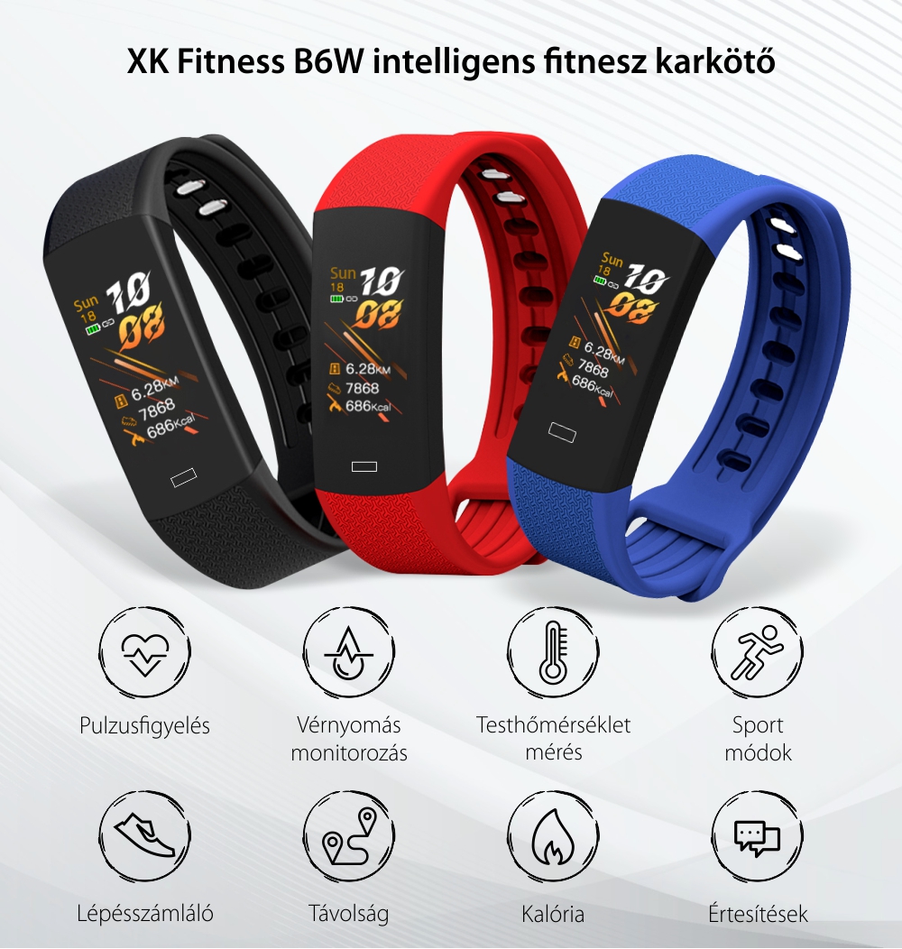 XK Fitness B6W Intelligens Fitnesz Karkötő, 0,96″ kijelzővel, Távolsággal, Kalóriatartalommal, Egészségügyi jellemzőkkel, Alvásminőséggel, Piros