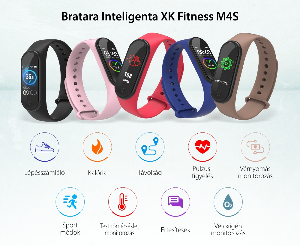 XK Fitness M4S Intelligens Fitnesz Karkötő, 0,96″ kijelzővel, Bluetooth, Testhőmérséklet, Kalória, Távolság, Piros