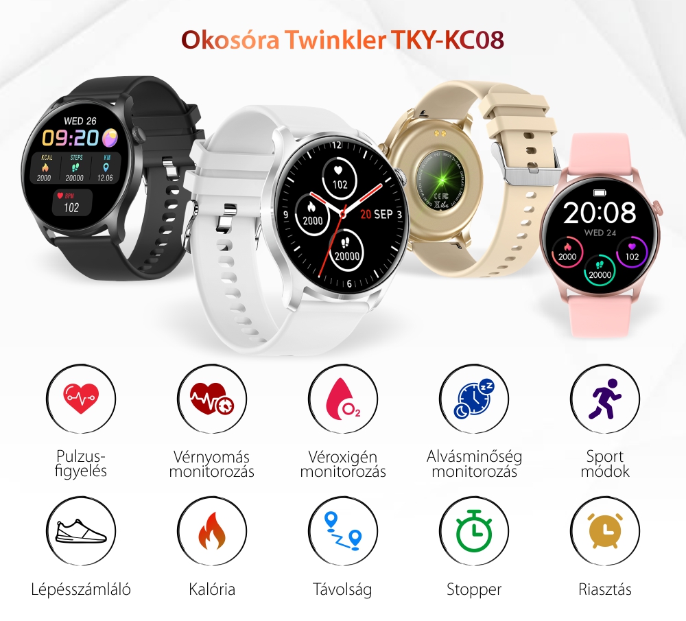 Női Okosóra Twinkler TKY-KC08 1.3″ kijelző, Sport módok, Pulzus, Kalória, Értesítések , Riasztás, Arany