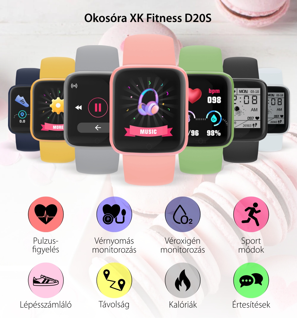 Okosóra XK Fitness D20S Egészségfigyelő funkciók, Távolság, Kalória, Lépések, Időjárási információk, Rózsaszín