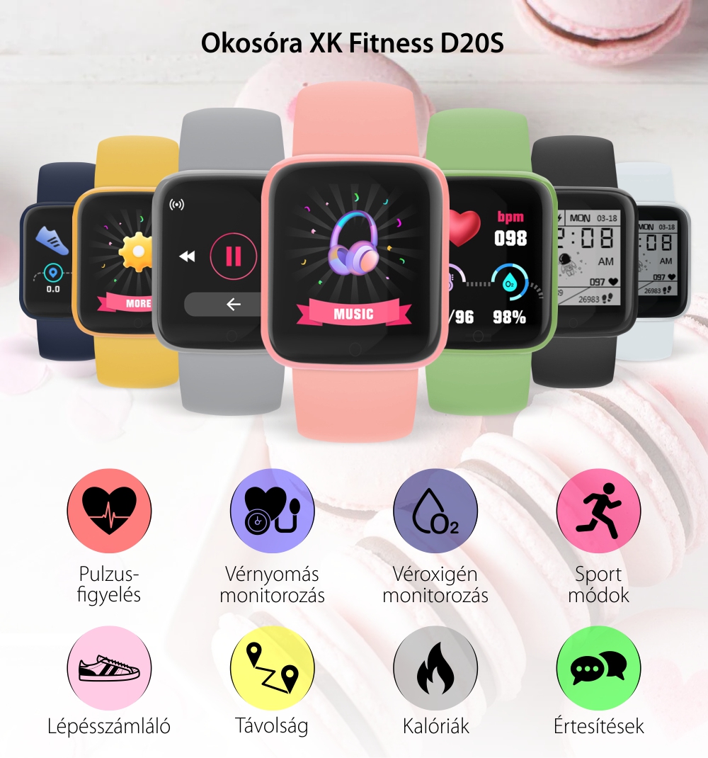 Okosóra XK Fitness D20S Egészségfigyelő funkciók, Távolság, Kalória, Lépések, Időjárási információk, Sárga