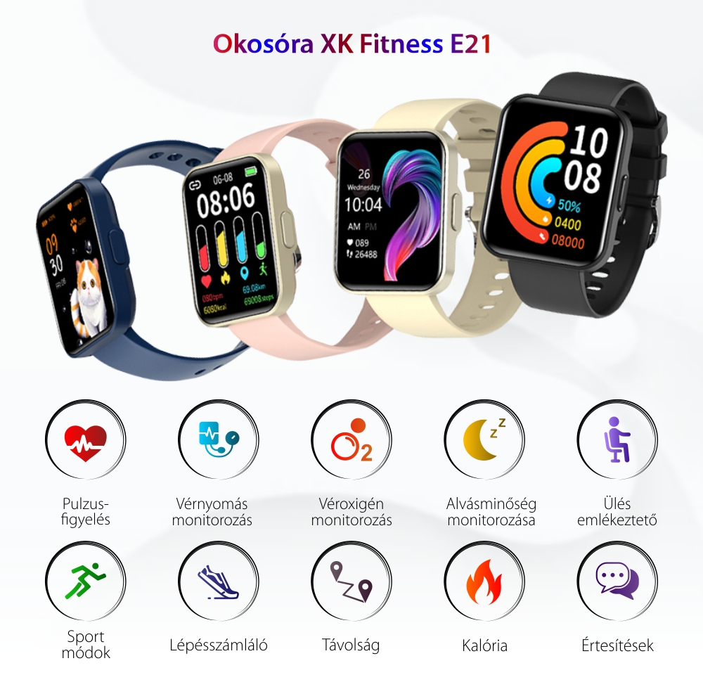 Okosóra XK Fitness E21 1.69″ kijelző, Értesítések, Kalória, Távolság, Pulzus, Lépésszámláló, Fekete