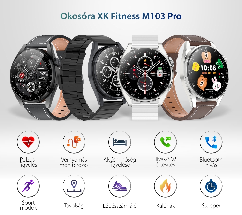 Okosóra XK Fitness M103 Pro Véroxigén, Vérnyomás, Pulzus, Alvás, Kalória, Lépésszámláló, Sport, Bőr karkötő, Fekete