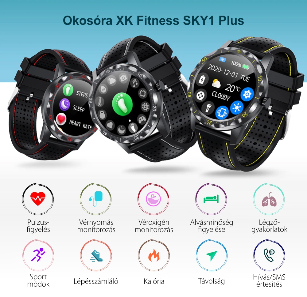 Okosóra XK Fitness SKY1 Plus 1.28″ kijelző, Értesítések, Lépésszámláló, Kalória, Pulzus, Sport módok, Fehér-Fekete