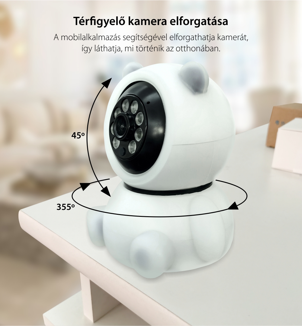 Bébiőr Video Baby Panda AB88, Wi-Fi, Mozgásérzékeléssel, Éjszakai látásmóddal, 360° kameraforgatás, MicroSD, Fehér