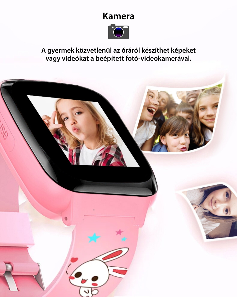 Okosóra gyerekeknek YQT A7 Telefon funkcióval, Híváselőzmények, Játékok, Riasztás, Névjegyek, Rózsaszín