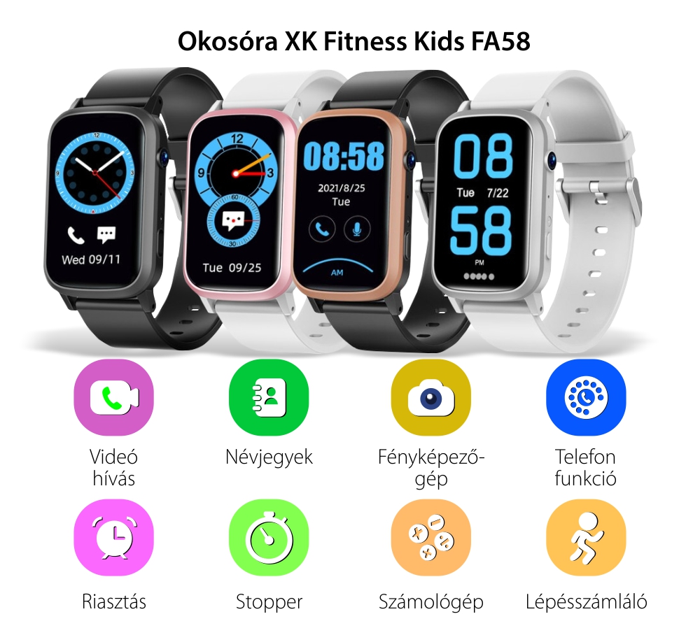 Okosóra gyerekeknek XK Fitness FA58, Telefon funkció, GPS helymeghatározás, Névjegyek, Videóhívás, Lépésszámláló, Riasztás, Fehér